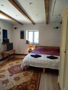 a bedroom with a bed and a laptop on a table at Le Studio du Crot Noir in Cussy-en-Morvan