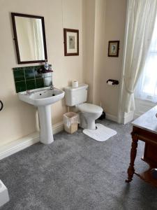 a bathroom with a sink and a toilet and a mirror at The Penrhos Arms Hotel in Llanfairpwllgwyngyll