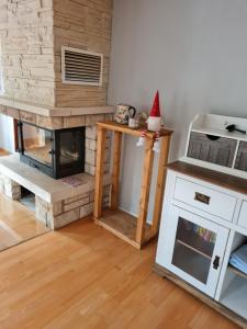 a living room with a stove and a fireplace at Haus Steindöbra in Klingenthal