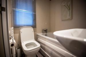 a bathroom with a white toilet and a sink at Holly in Paignton