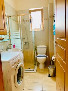 a bathroom with a shower toilet and a washing machine at Sea View Three Bedroom Villa Giorgios in Gavalochori