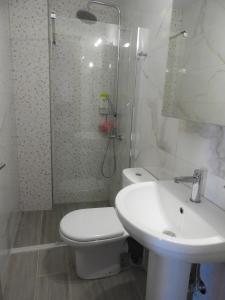 ein Bad mit einem WC, einem Waschbecken und einer Dusche in der Unterkunft Stadium Sea Beach Apartment in Kissamos