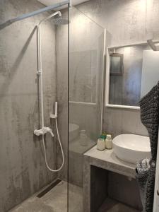 ein Bad mit einer Dusche und einem Waschbecken in der Unterkunft Marios Garden House in Afytos