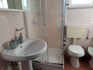 une salle de bain avec un lavabo, des toilettes et une douche dans l'établissement Apartments by the sea Mandre, Pag - 6386, à Kolan 52 autres photos