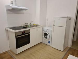 a white kitchen with a sink and a dishwasher at Cosmopolis Studio 1 in Ştefăneştii de Jos