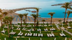 a lawn with lounge chairs and palm trees and the ocean at Golden Coast Beach Hotel in Protaras