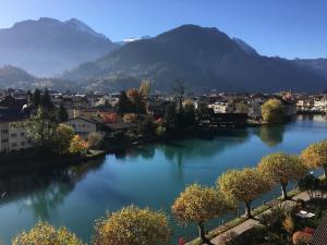 uitzicht op een meer met bergen op de achtergrond bij Aparthotel Goldey in Interlaken