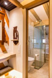 a bathroom with a glass shower and a toilet at El Molino de Besalú Casa con jardín in Besalú