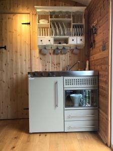 eine Küche mit einem Herd und einer Mikrowelle in der Unterkunft unique sheperds hut ensuite & kitchenette in Clodock