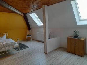 1 dormitorio con 1 cama y tragaluces en el ático en Ferienwohnung Toskana Traum, en Schönburg