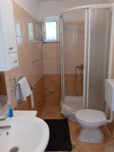 La salle de bains est pourvue d'une douche, de toilettes et d'un lavabo. dans l'établissement Apartments by the sea Kustici, Pag - 6320, à Kustići