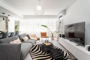 a living room with a couch and a tv at Privilege Deluxe Apartment Casa Mãe, Faro in Faro