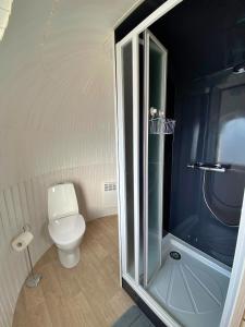 a bathroom with a toilet and a glass shower at Finest Retreats - Jam First Cabin in East Looe