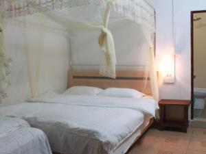 1 dormitorio con 2 camas y 1 cama con dosel en Yangshuo Loong Old House en Yangshuo