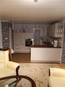 a kitchen with a couch and a chair in a room at Ferienhaus Alla, Neeberg/Usedom in Neeberg