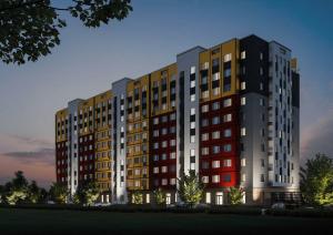 un revestimiento de un edificio de color rojo y amarillo en Апартаменты ЖК Lotus Terrace en Almaty