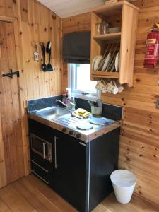 a kitchen with a sink and a stove at Stunning railway carriage with private hot tub in Hereford