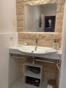 une salle de bain avec un lavabo et un miroir dans l'établissement Gîte Comme à la maison, à Hyères 28 autres photos