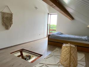 1 dormitorio con cama y espejo en el suelo en Mrežnica - Zelena oaza en Generalski Stol