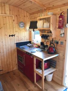 a kitchen with a stove and a counter in a cabin at luxury railway carriage with stunning views in Hereford