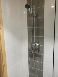 a shower with a shower head in a bathroom at RovaVisit Apartments Siljo in Rovaniemi