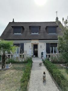 deux chiens debout devant une maison dans l'établissement Maison proche circuit 24h du mans, à Spay