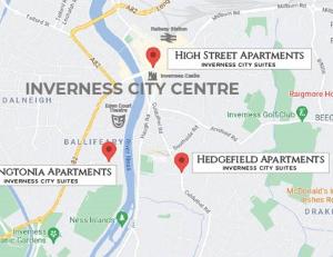 a map of the high street apartments and the hospital at Inverness City Suites in Inverness