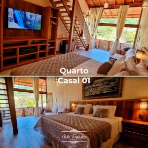 een slaapkamer met een groot bed en een televisie bij Valle Paradiso in Praia do Rosa