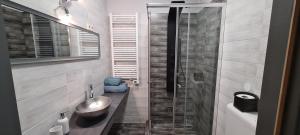 La salle de bains est pourvue d'un lavabo et d'une douche en verre. dans l'établissement Platán Apartman, à Veszprém