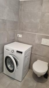 a washing machine and a toilet in a bathroom at Lovely 1 bedroom apt in middle of city centre in Blansko