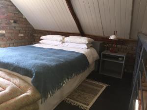 ein Schlafzimmer mit einem Bett mit einer blauen Decke in der Unterkunft Die Kapokbosskuur in Nieu-Bethesda