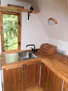 a kitchen with a sink and a window at Roztomilá a utulná chata Azzy na samotě v lese. in Valašské Klobouky