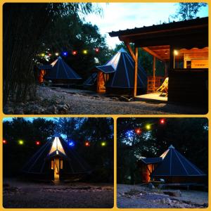 eine Gruppe von vier Bildern von Zelten mit Lichtern in der Unterkunft Tipis Du Petit Buisson in Saint-Antonin-de-Lacalm