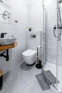 La salle de bains est pourvue d'un lavabo, de toilettes et d'une douche. dans l'établissement Domki nad potokiem, à Muszynka
