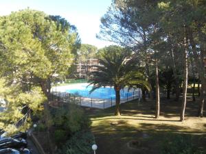 uitzicht op een zwembad in een park bij Appartement La Pensée in Mandelieu-la-Napoule