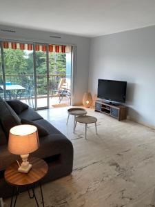 ein Wohnzimmer mit einem Sofa und einem Flachbild-TV in der Unterkunft Appartement La Pensée in Mandelieu-la-Napoule