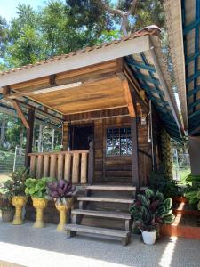 une petite cabane en bois avec des escaliers menant à la porte. dans l'établissement HOMESTAY DUSUN ANA BALUN, à Slim River