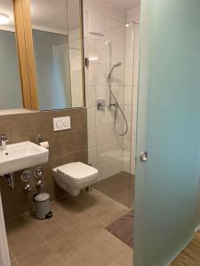 a bathroom with a shower and a toilet and a sink at Con4rent Business Hotel plus in Kirchheim unter Teck