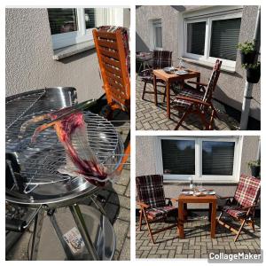 zwei Bilder von einem Tisch und einem Fisch auf einem Grill in der Unterkunft Ferienappartement Paula im Lausitzer Seenland in Senftenberg