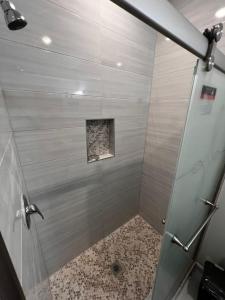 a shower with a glass door in a bathroom at SPRINGVIEW HOMES 12MINS FROM EWR & 3 MINS FROM UNIVERSITY HOSPITAL in Newark
