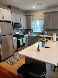 uma cozinha com um frigorífico de aço inoxidável e um balcão em SPRINGVIEW HOMES 12MINS FROM EWR & 3 MINS FROM UNIVERSITY HOSPITAL em Newark