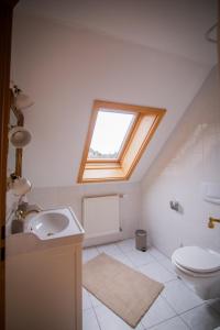 a bathroom with a window and a toilet and a sink at ApartOne Land-Hotel in Sebnitz