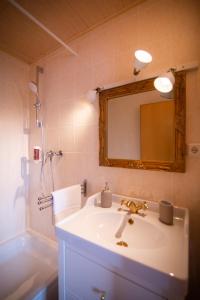 een badkamer met een wastafel, een spiegel en een bad bij ApartOne Land-Hotel in Sebnitz