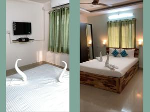 two pictures of a bedroom with a bed and a tv at Udipi's Vihar in Hyderabad