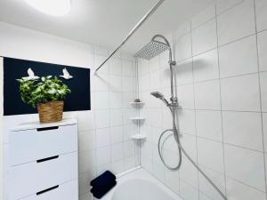 y baño blanco con ducha y aseo. en Ferienwohnung Luna -3 Schlafzimmer, Waschmaschine, Küche, WLAN, ca 15 Min bis zum Europa Park,, en Malterdingen