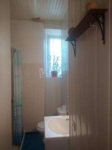 een badkamer met een wastafel, een toilet en een raam bij Gîte et jardin en bord de rivière in Saumane