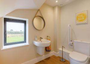 a bathroom with a sink and a toilet and a window at Fawn Cottage disabled adapted 3 bed cottage in Coughton