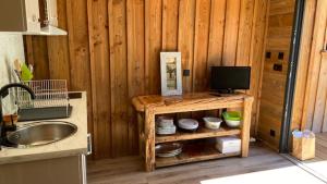 uma cozinha com um lavatório e uma televisão numa parede de madeira em La cabane de marie em Arès