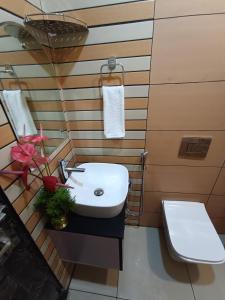 a bathroom with a white sink and a toilet at Golden Peak Estate Homestay in Wayanad