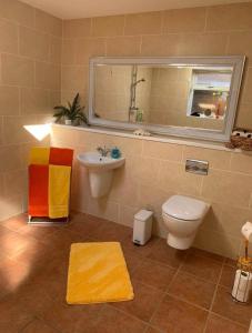 a bathroom with a sink and a toilet and a mirror at Poppy Annex in Wellow